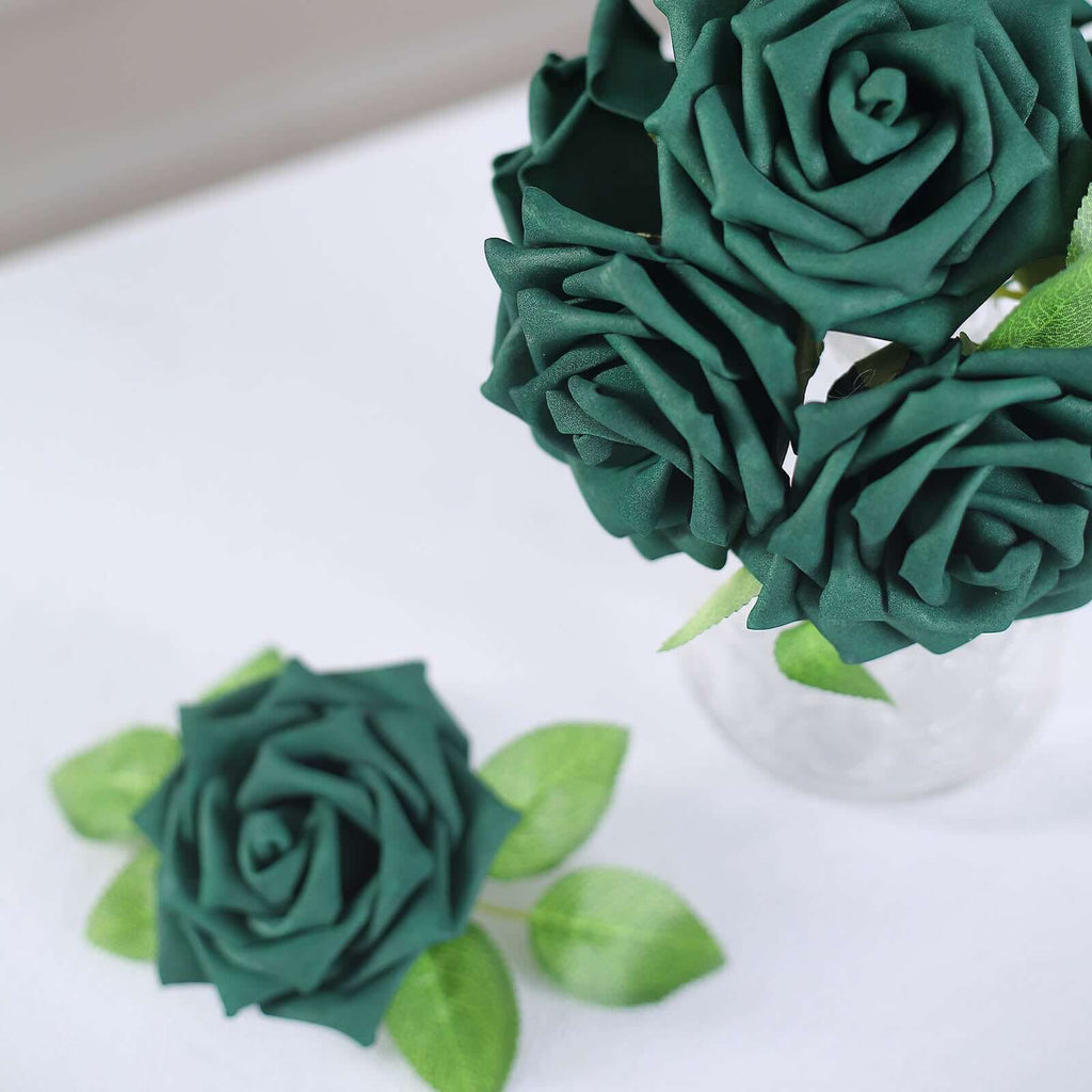 24 Roses 5" Hunter Emerald Green Artificial Foam Flowers With Stem Wire and Leaves - Bell Racket Store