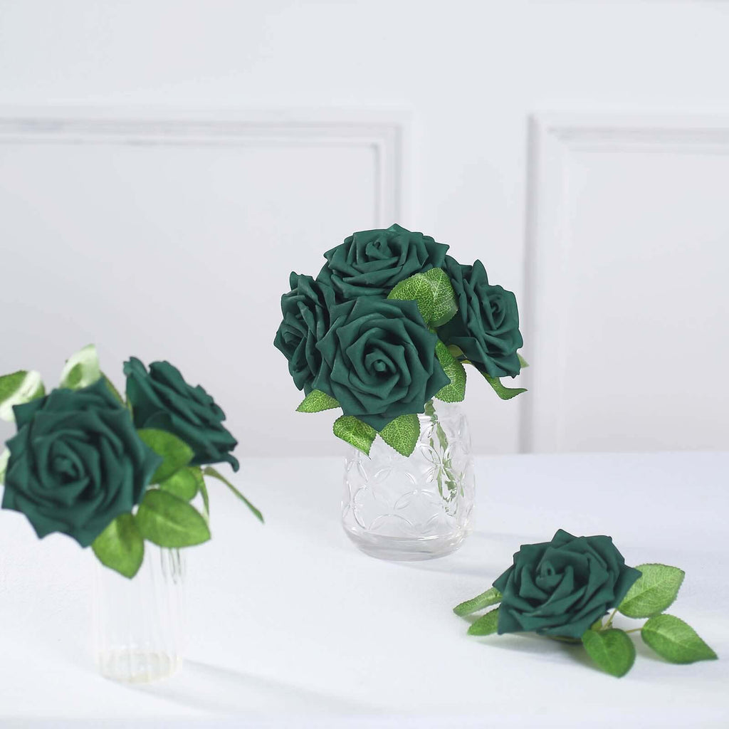 24 Roses 5" Hunter Emerald Green Artificial Foam Flowers With Stem Wire and Leaves - Bell Racket Store
