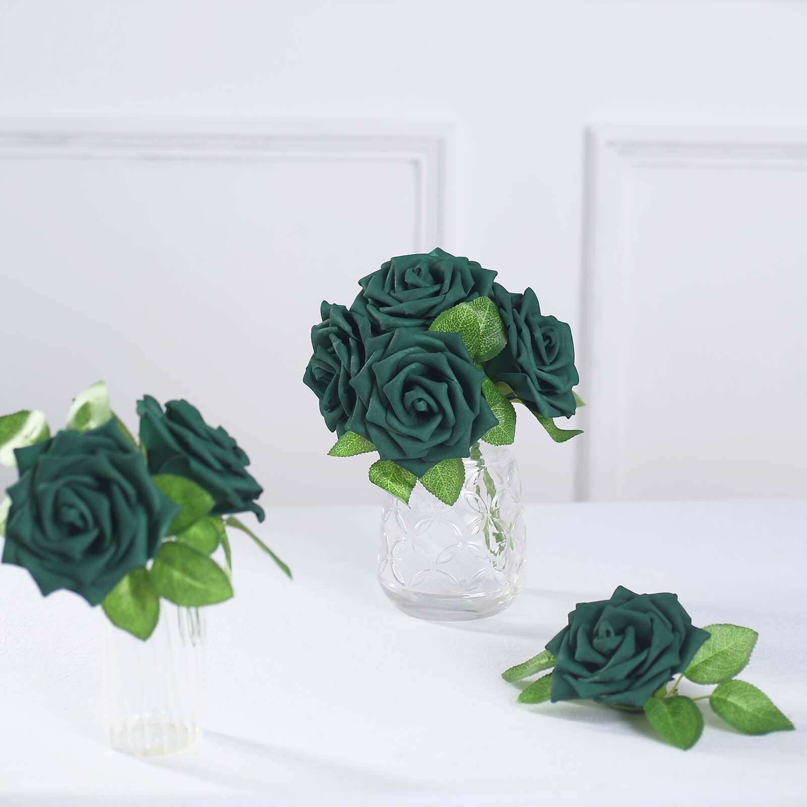 24 Roses 5" Hunter Emerald Green Artificial Foam Flowers With Stem Wire and Leaves - Bell Racket Store