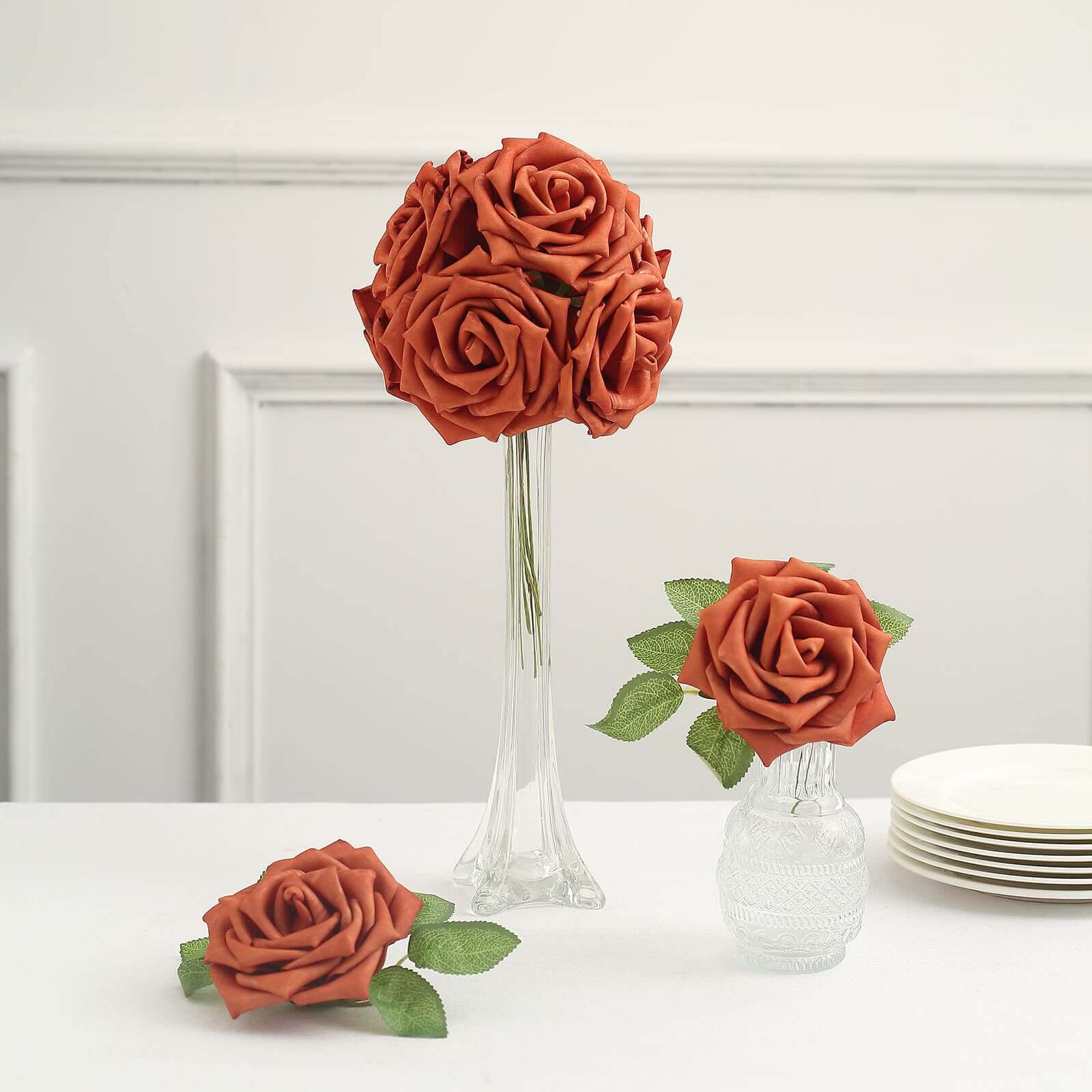 24 Roses 5" Terracotta (Rust) Artificial Foam Flowers With Stem Wire and Leaves - Bell Racket Store