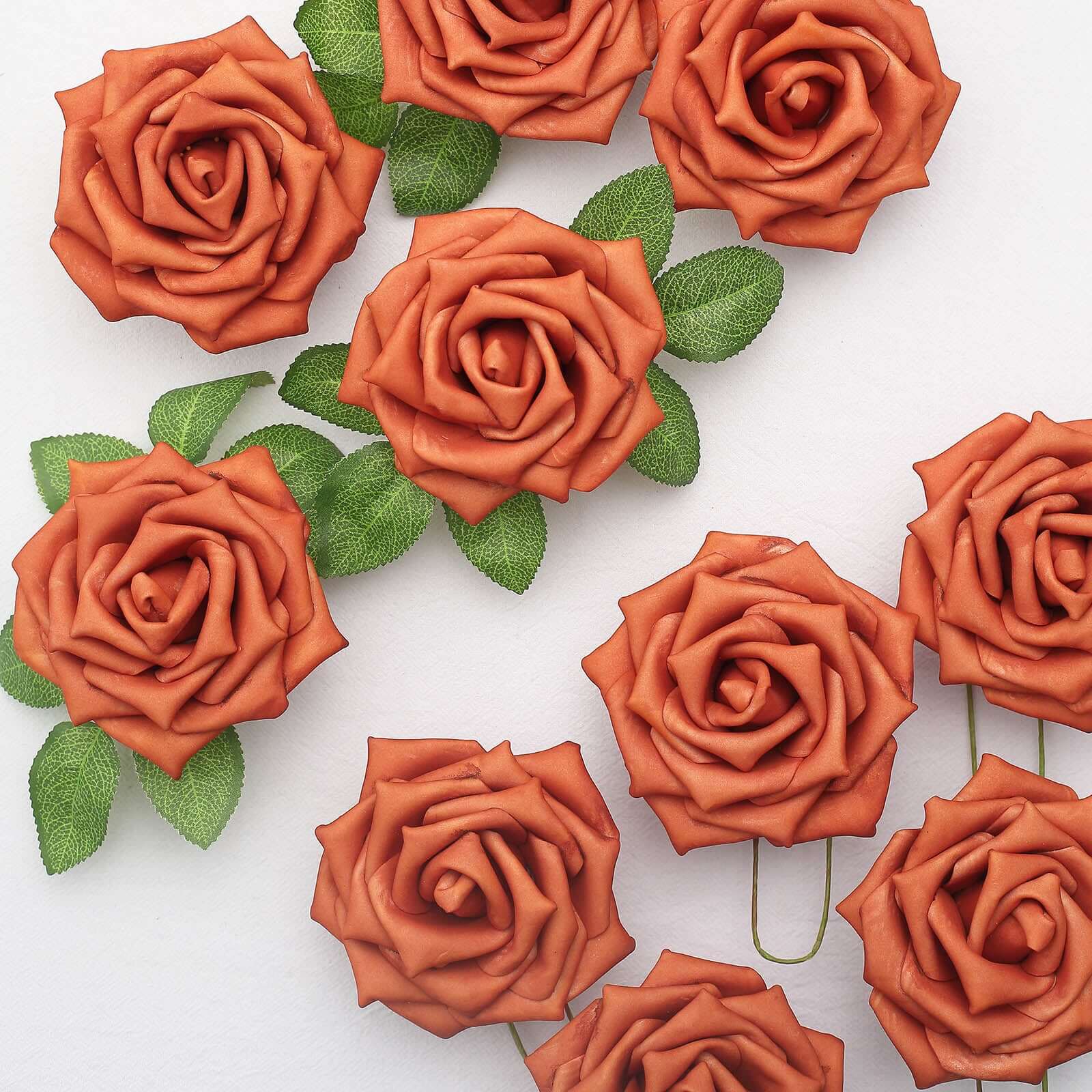 24 Roses 5" Terracotta (Rust) Artificial Foam Flowers With Stem Wire and Leaves - Bell Racket Store