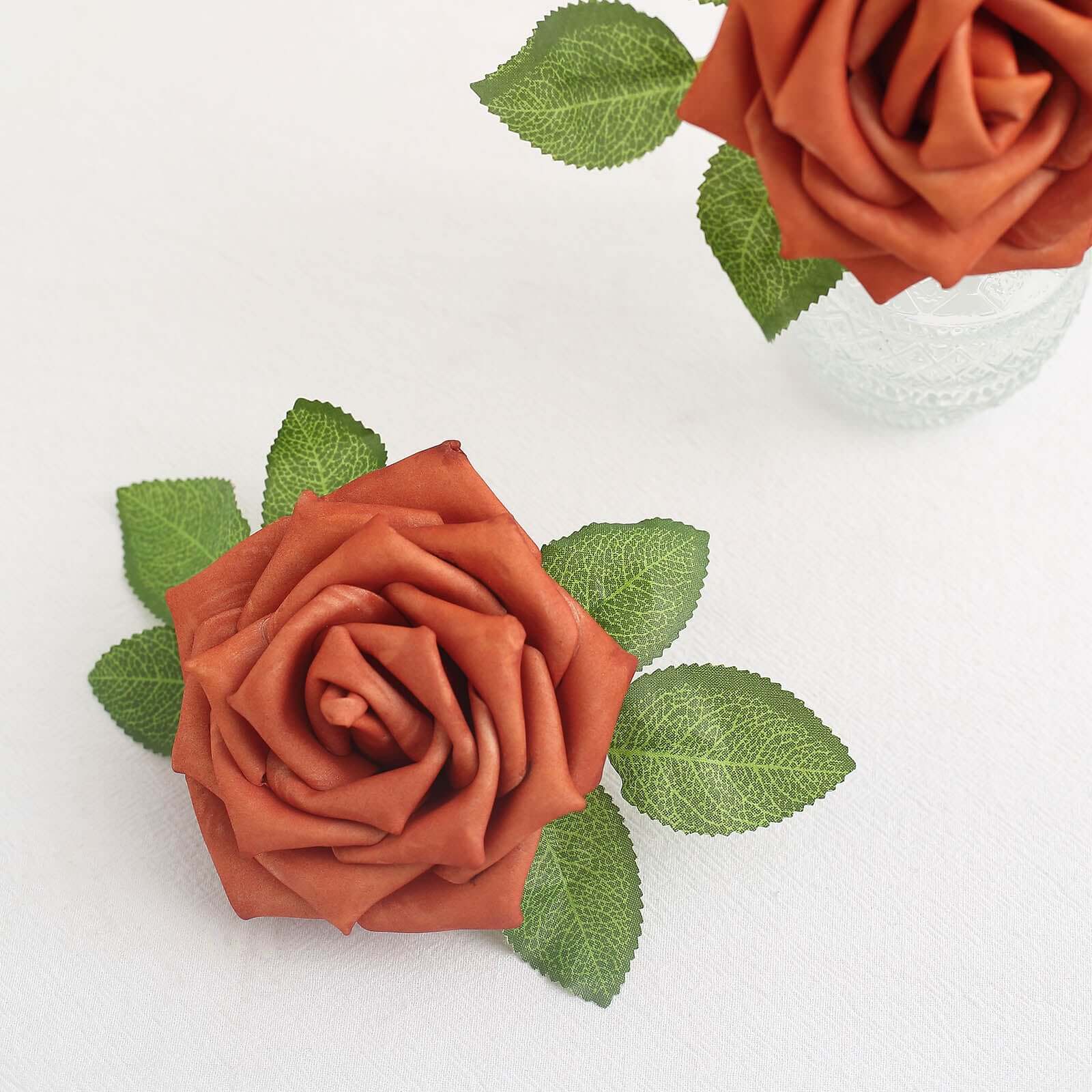24 Roses 5" Terracotta (Rust) Artificial Foam Flowers With Stem Wire and Leaves - Bell Racket Store