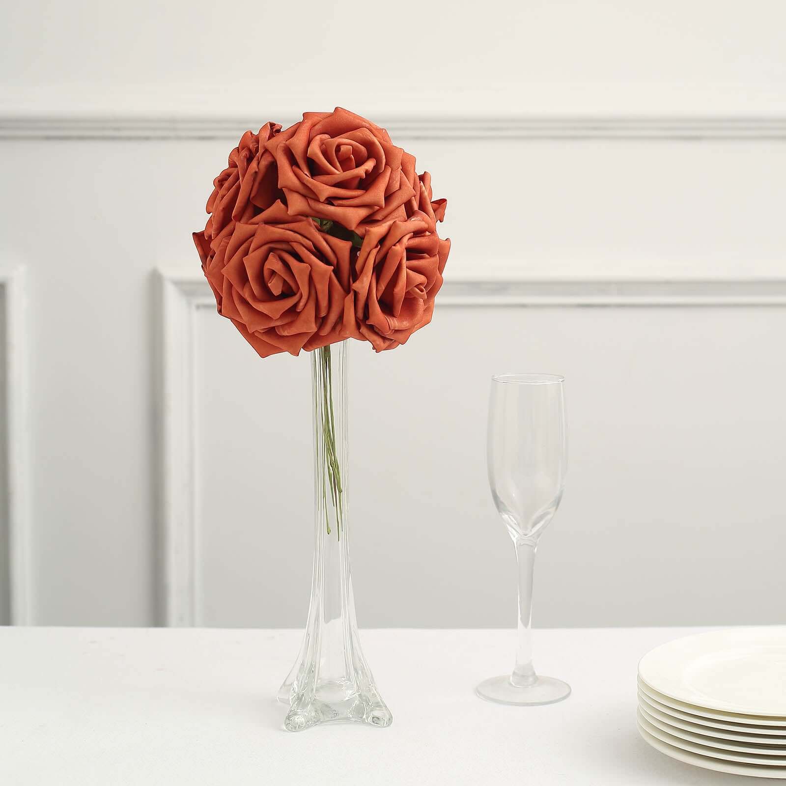 24 Roses 5" Terracotta (Rust) Artificial Foam Flowers With Stem Wire and Leaves - Bell Racket Store