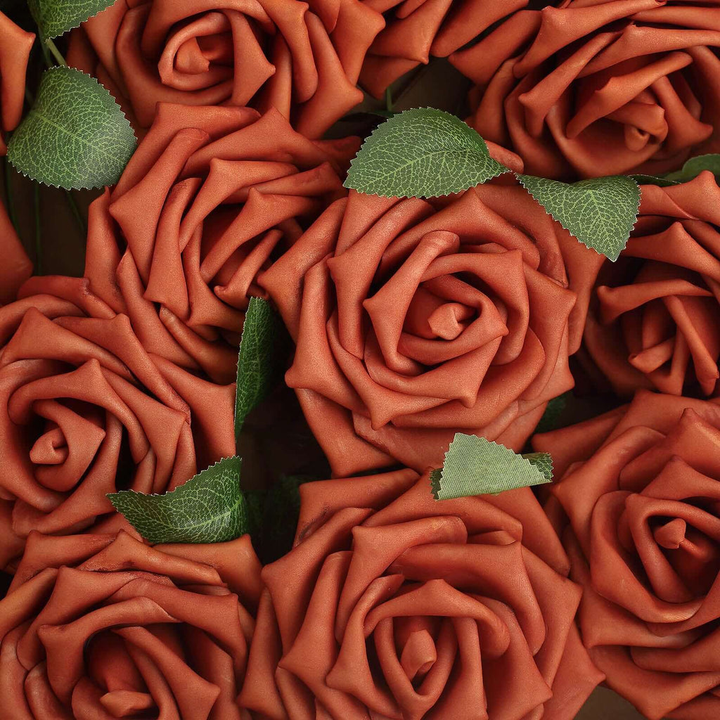 24 Roses 5" Terracotta (Rust) Artificial Foam Flowers With Stem Wire and Leaves - Bell Racket Store