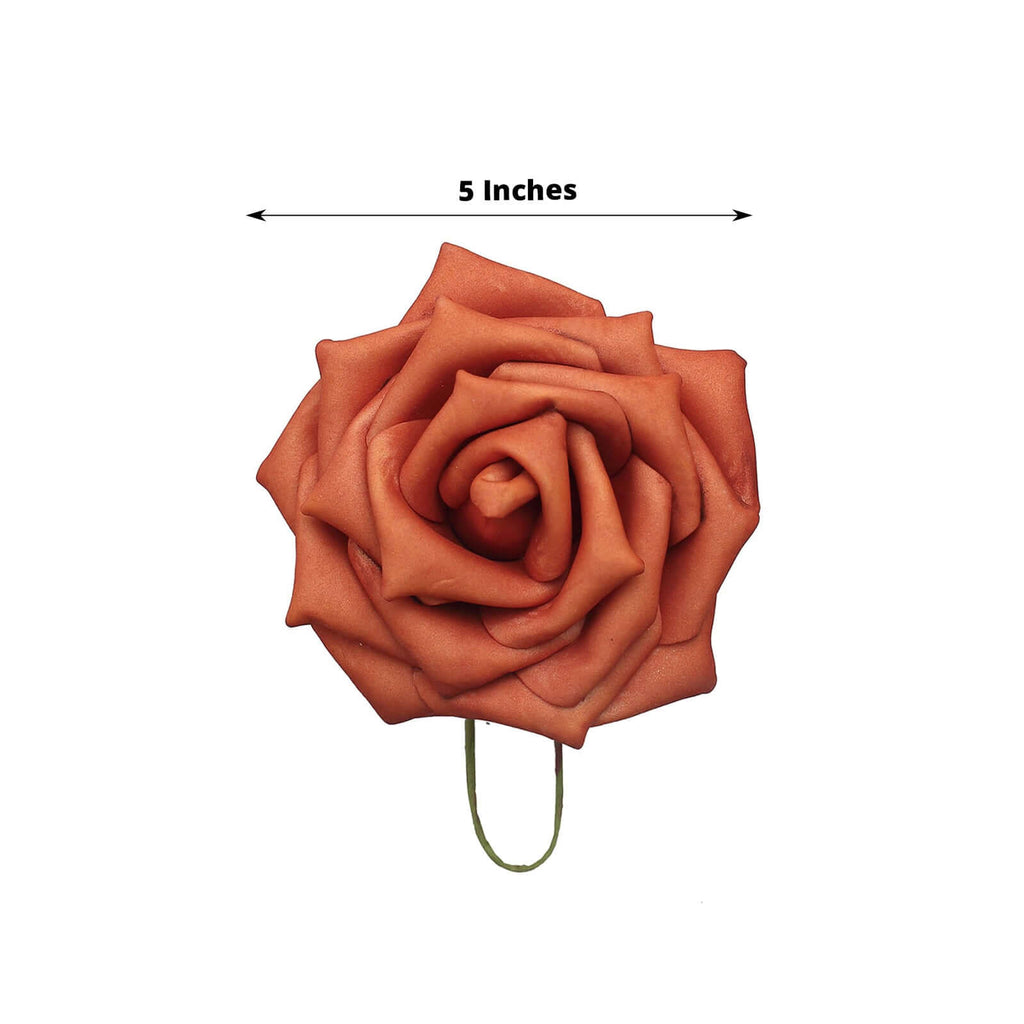24 Roses 5" Terracotta (Rust) Artificial Foam Flowers With Stem Wire and Leaves - Bell Racket Store