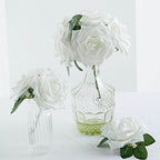 24 Roses 5" White Artificial Foam Flowers With Stem Wire and Leaves