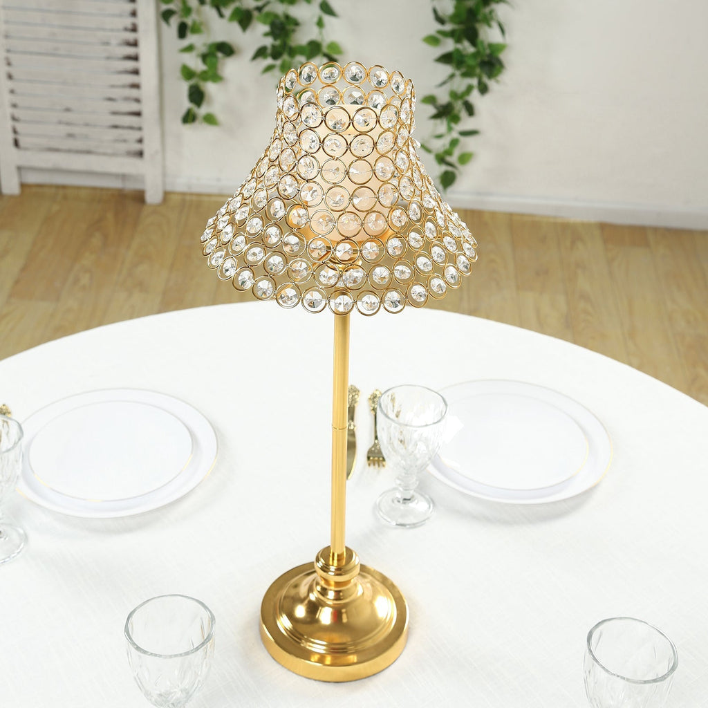 24" Tall Crystal Beaded Candle Stand â€“ Gold Metal Centerpiece with Lamp - Inspired Shade for Tables & Events - Bell Racket Store