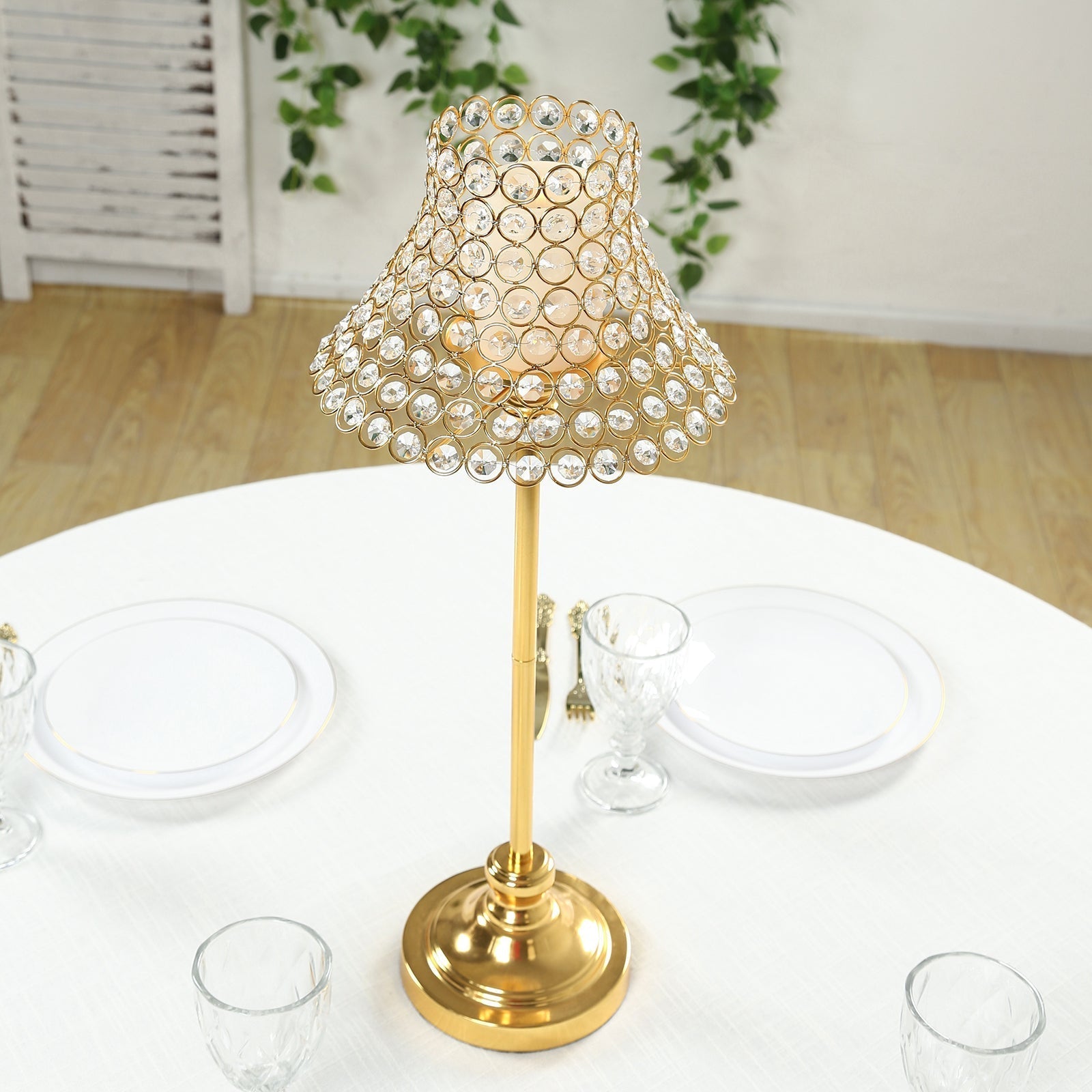 24" Tall Crystal Beaded Candle Stand â€“ Gold Metal Centerpiece with Lamp - Inspired Shade for Tables & Events - Bell Racket Store