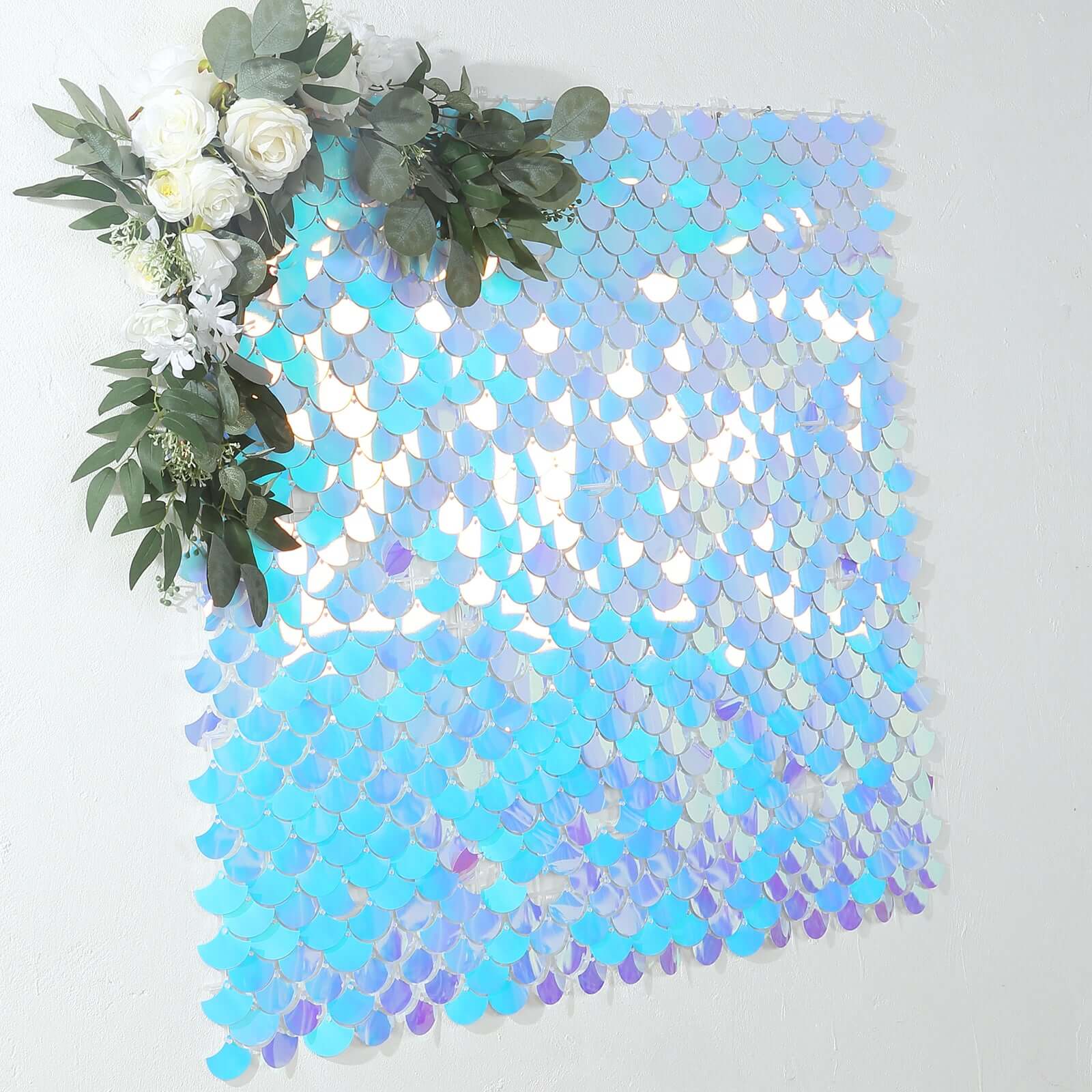 24sq.ft Shiny Iridescent Blue Sequin Shimmer Wall Photo Backdrop with Mermaid Scales Pattern, Party Wall Art DÃ©cor Panels - 24 Panels - Bell Racket Store