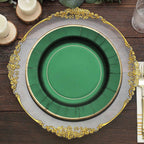 25-Pack Paper 10" Round Dinner Plates in Hunter Emerald Green Sunray Design with Gold Rim - Disposable Heavy Duty 350GSM Party Plates