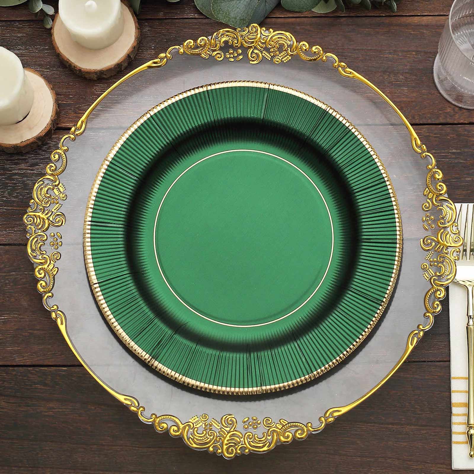 25-Pack Paper 10" Round Dinner Plates in Hunter Emerald Green Sunray Design with Gold Rim - Disposable Heavy Duty 350GSM Party Plates