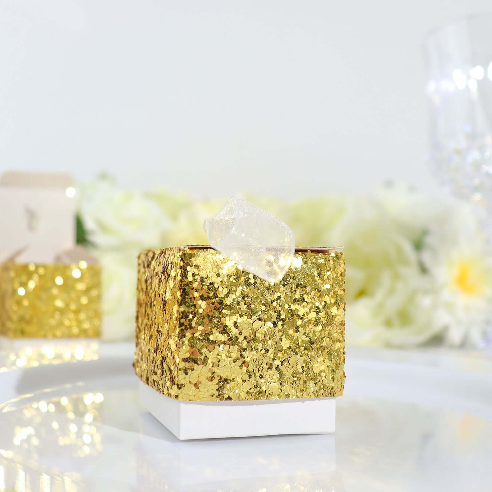 25 Pack 2" Gold Sequin Glitter Party Favor Boxes With White Ribbon Loop, Wedding Favor Gift Boxes, Candy Cases - Bell Racket Store