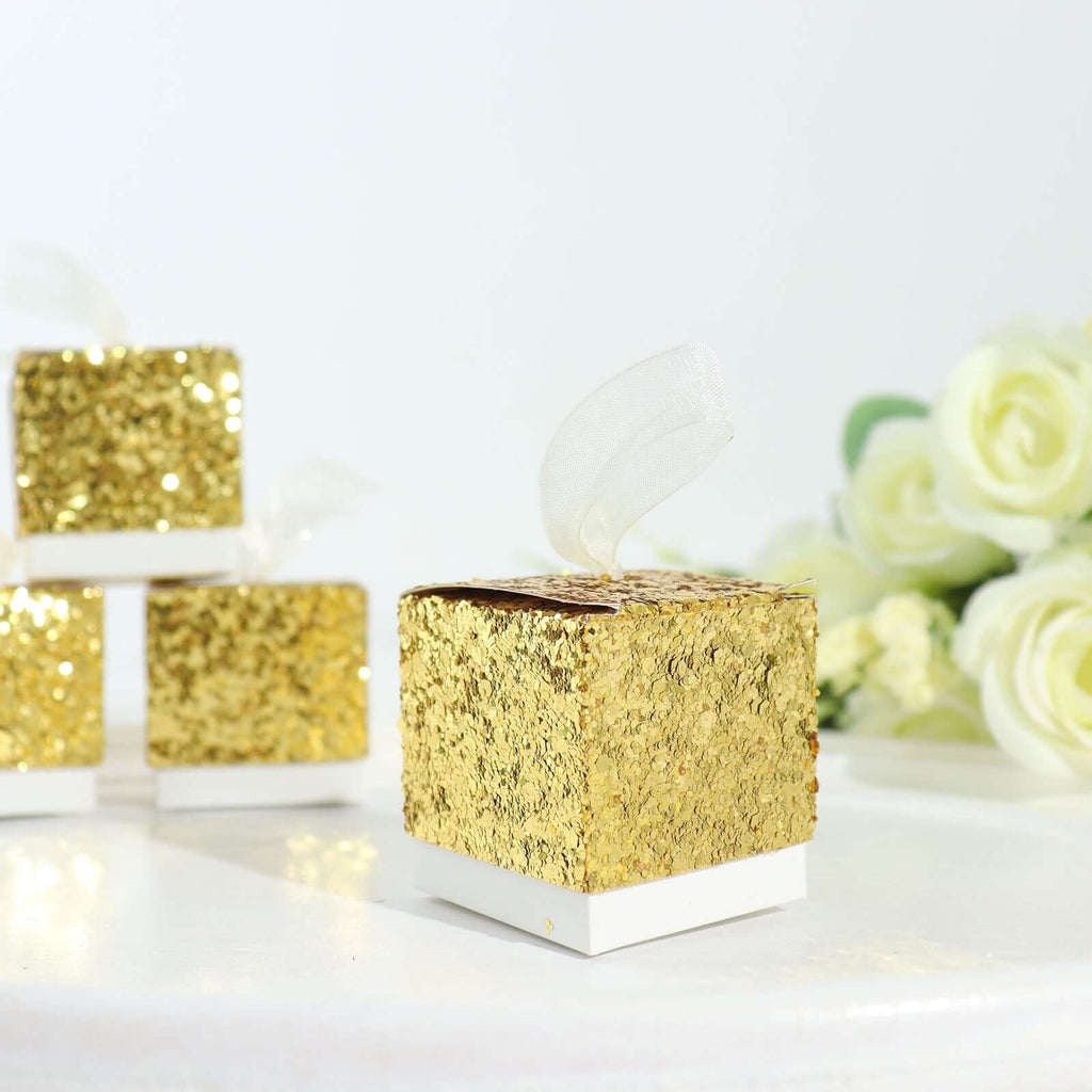 25 Pack 2" Gold Sequin Glitter Party Favor Boxes With White Ribbon Loop, Wedding Favor Gift Boxes, Candy Cases - Bell Racket Store