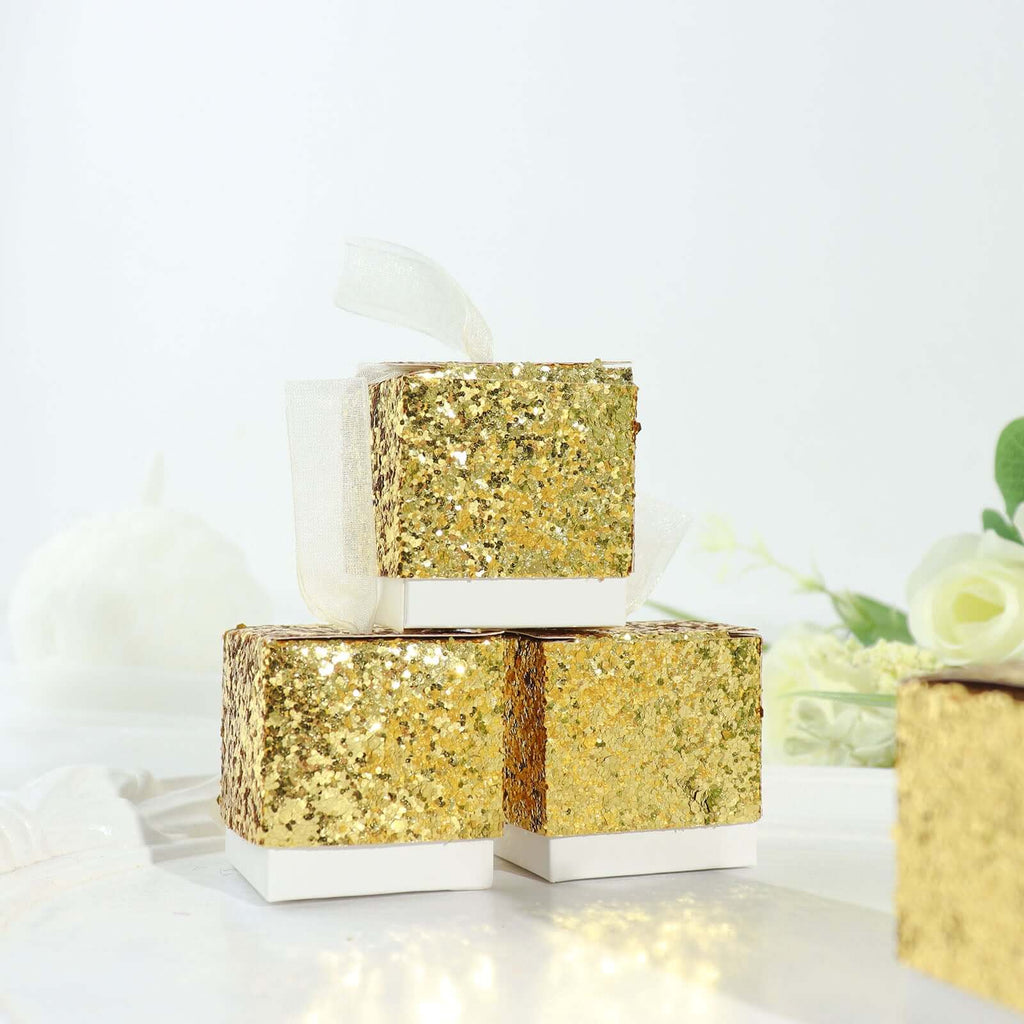 25 Pack 2" Gold Sequin Glitter Party Favor Boxes With White Ribbon Loop, Wedding Favor Gift Boxes, Candy Cases - Bell Racket Store