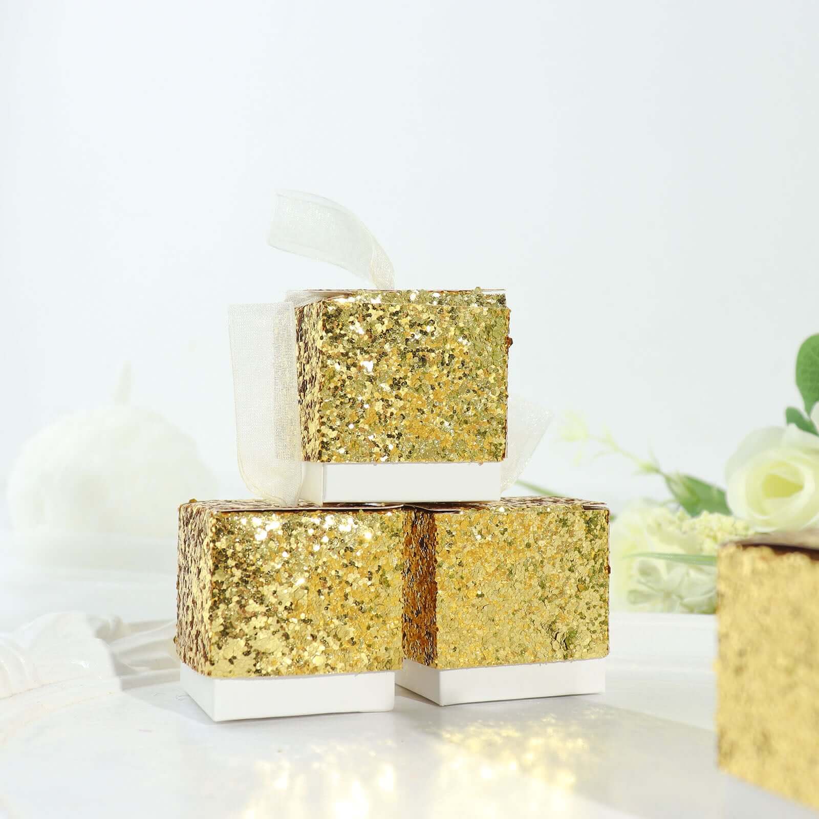 25 Pack 2" Gold Sequin Glitter Party Favor Boxes With White Ribbon Loop, Wedding Favor Gift Boxes, Candy Cases - Bell Racket Store