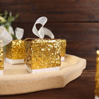 25 Pack 2" Gold Sequin Glitter Party Favor Boxes With White Ribbon Loop, Wedding Favor Gift Boxes, Candy Cases - Bell Racket Store
