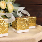 25 Pack 2" Gold Sequin Glitter Party Favor Boxes With White Ribbon Loop, Wedding Favor Gift Boxes, Candy Cases - Bell Racket Store