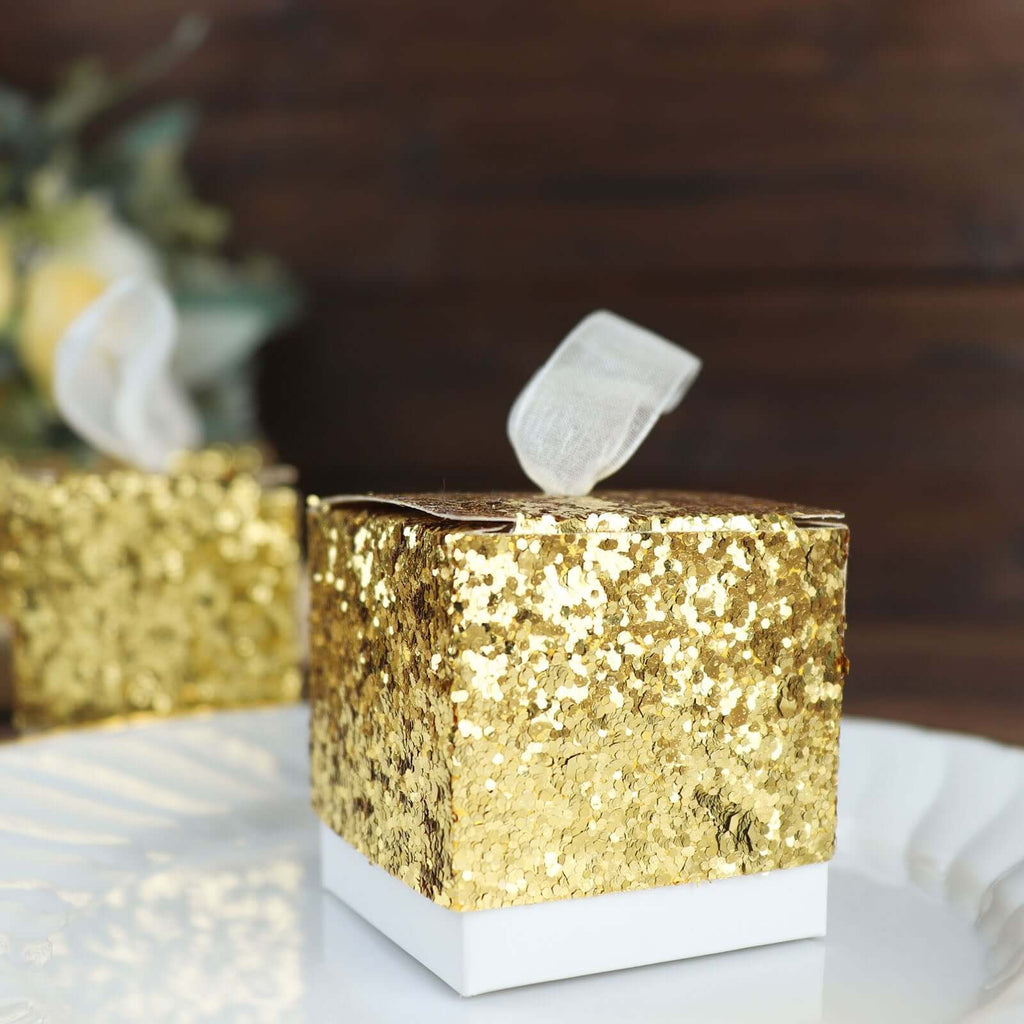 25 Pack 2" Gold Sequin Glitter Party Favor Boxes With White Ribbon Loop, Wedding Favor Gift Boxes, Candy Cases - Bell Racket Store