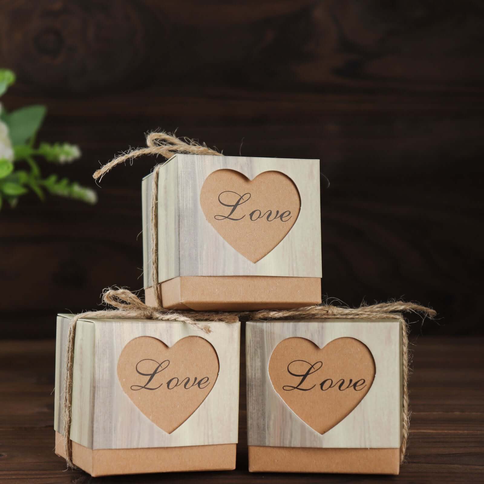 25 Pack 2.5" Rustic Wood Pattern Natural Brown Paper Candy Gift Boxes, Square Party Favor Boxes with Burlap Jute Twine and Love Heart Cut Out - Bell Racket Store