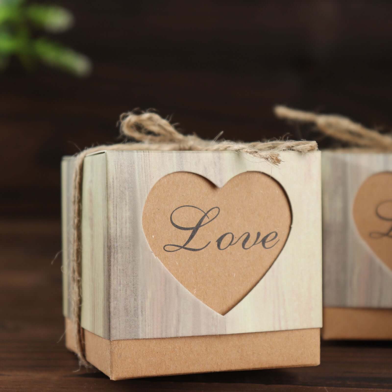 25 Pack 2.5" Rustic Wood Pattern Natural Brown Paper Candy Gift Boxes, Square Party Favor Boxes with Burlap Jute Twine and Love Heart Cut Out - Bell Racket Store