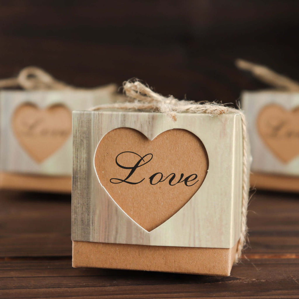 25 Pack 2.5" Rustic Wood Pattern Natural Brown Paper Candy Gift Boxes, Square Party Favor Boxes with Burlap Jute Twine and Love Heart Cut Out - Bell Racket Store