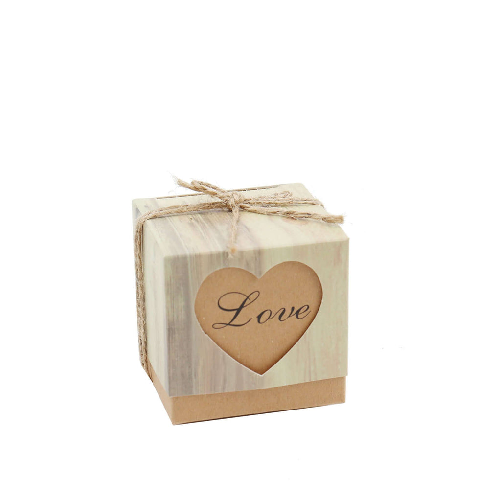 25 Pack 2.5" Rustic Wood Pattern Natural Brown Paper Candy Gift Boxes, Square Party Favor Boxes with Burlap Jute Twine and Love Heart Cut Out - Bell Racket Store