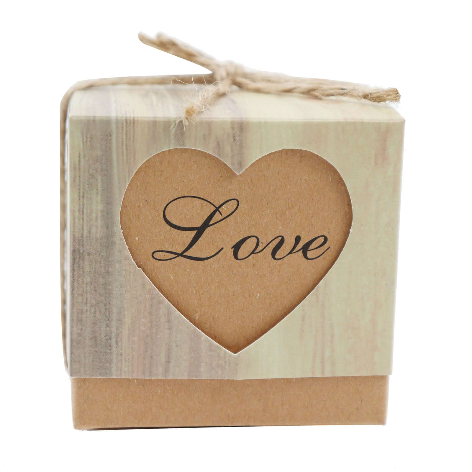 25 Pack 2.5" Rustic Wood Pattern Natural Brown Paper Candy Gift Boxes, Square Party Favor Boxes with Burlap Jute Twine and Love Heart Cut Out - Bell Racket Store