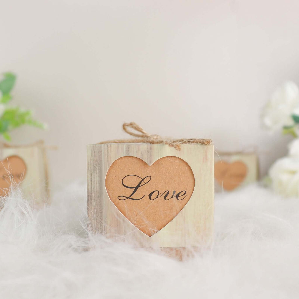 25 Pack 2.5" Rustic Wood Pattern Natural Brown Paper Candy Gift Boxes, Square Party Favor Boxes with Burlap Jute Twine and Love Heart Cut Out - Bell Racket Store