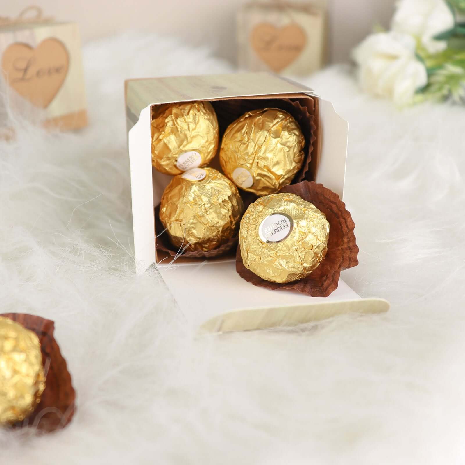 25 Pack 2.5" Rustic Wood Pattern Natural Brown Paper Candy Gift Boxes, Square Party Favor Boxes with Burlap Jute Twine and Love Heart Cut Out - Bell Racket Store