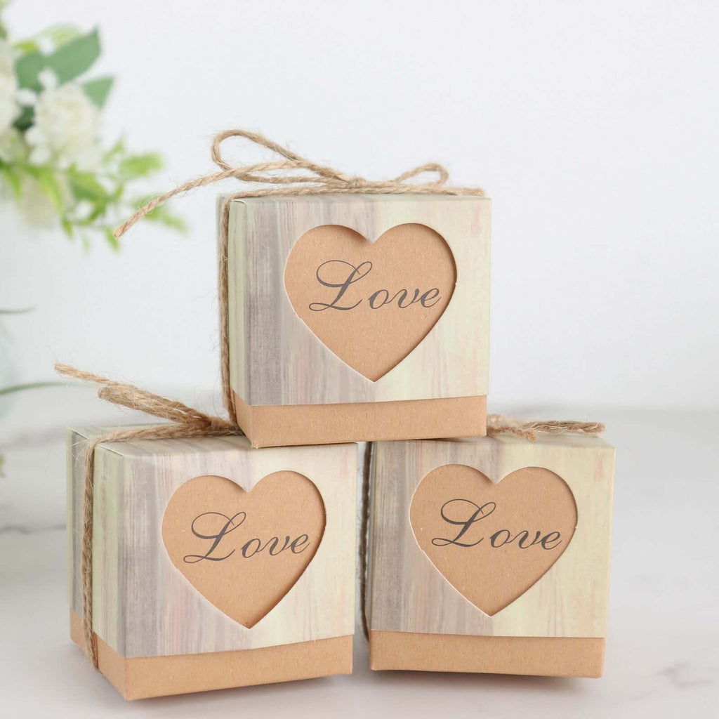 25 Pack 2.5" Rustic Wood Pattern Natural Brown Paper Candy Gift Boxes, Square Party Favor Boxes with Burlap Jute Twine and Love Heart Cut Out - Bell Racket Store