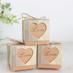 25 Pack 2.5" Rustic Wood Pattern Natural Brown Paper Candy Gift Boxes, Square Party Favor Boxes with Burlap Jute Twine and Love Heart Cut Out - Bell Racket Store