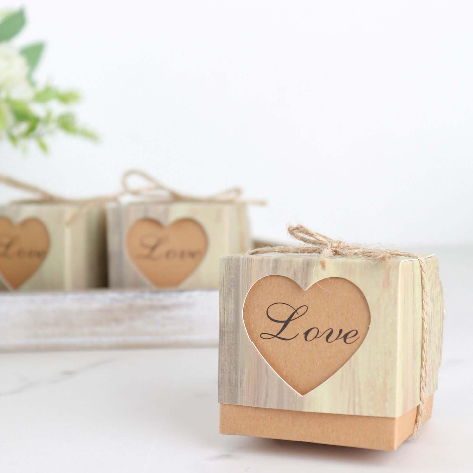 25 Pack 2.5" Rustic Wood Pattern Natural Brown Paper Candy Gift Boxes, Square Party Favor Boxes with Burlap Jute Twine and Love Heart Cut Out - Bell Racket Store