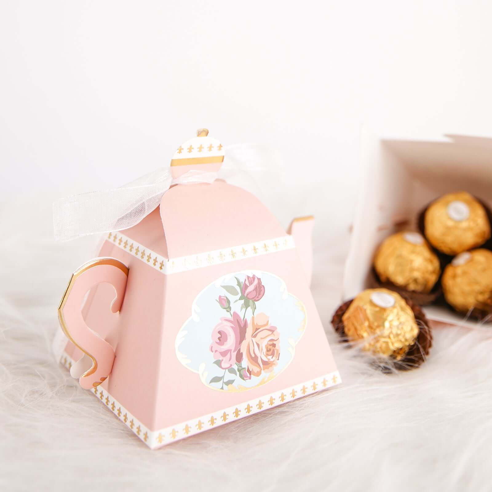 25 Pack 4" Dusty Rose Mini Teapot Favor Boxes, Vintage Rose Gift Boxes with Ribbons - Bell Racket Store