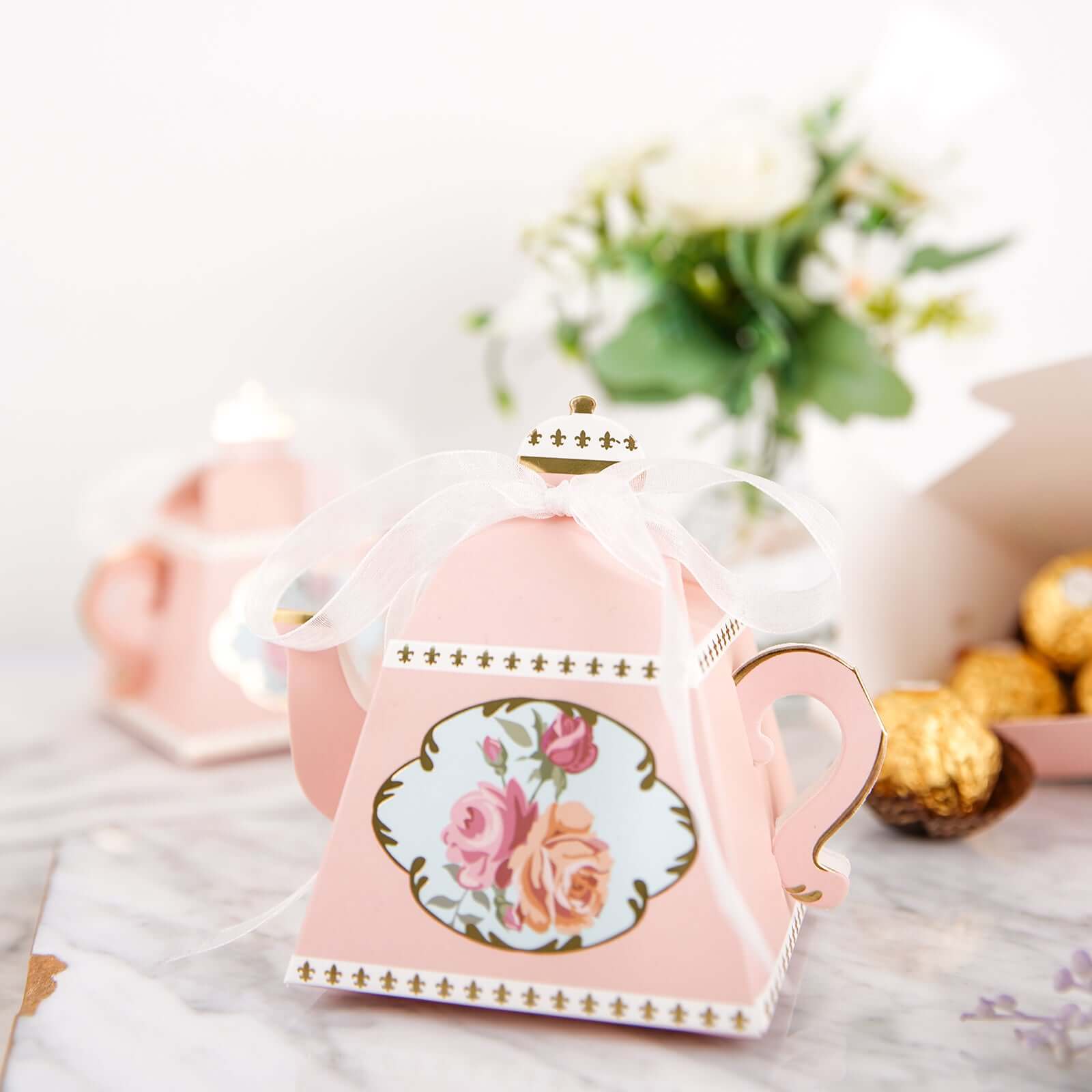 25 Pack 4" Dusty Rose Mini Teapot Favor Boxes, Vintage Rose Gift Boxes with Ribbons - Bell Racket Store