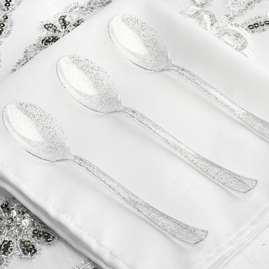 25-Pack Plastic Spoons Clear Silver Glitter Classic Heavy Duty - Decorative Disposable Tableware 7"