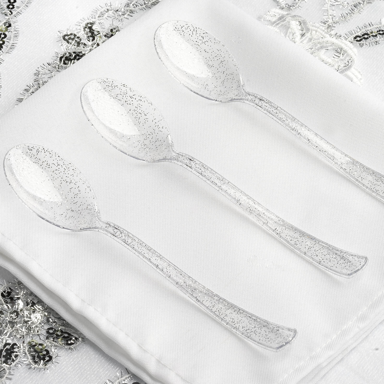 25-Pack Plastic Spoons Clear Silver Glitter Classic Heavy Duty - Decorative Disposable Tableware 7"