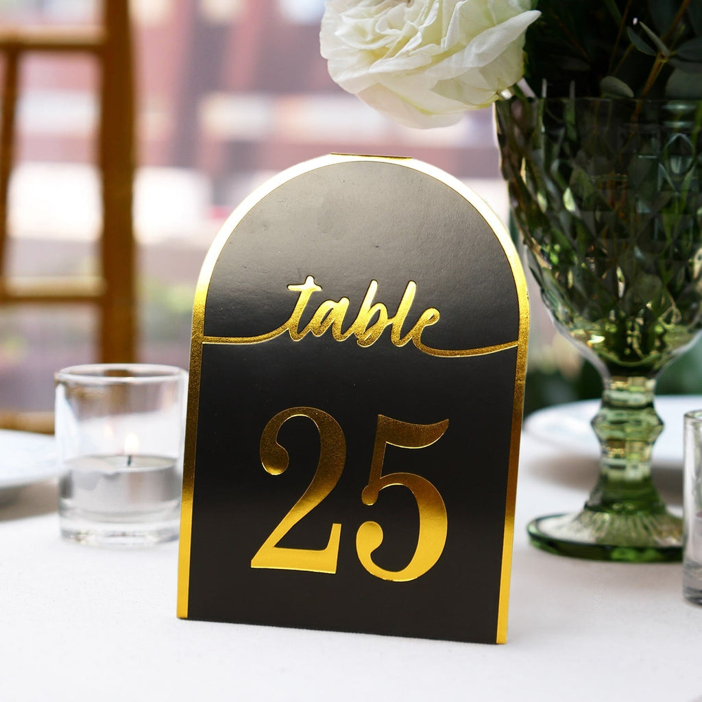 25 - Pack 7" Disposable Table Numbers, Black Free Standing Double Sided Table Number Place Cards with Metallic Gold Foil Numbers 1 - 25 - Bell Racket Store