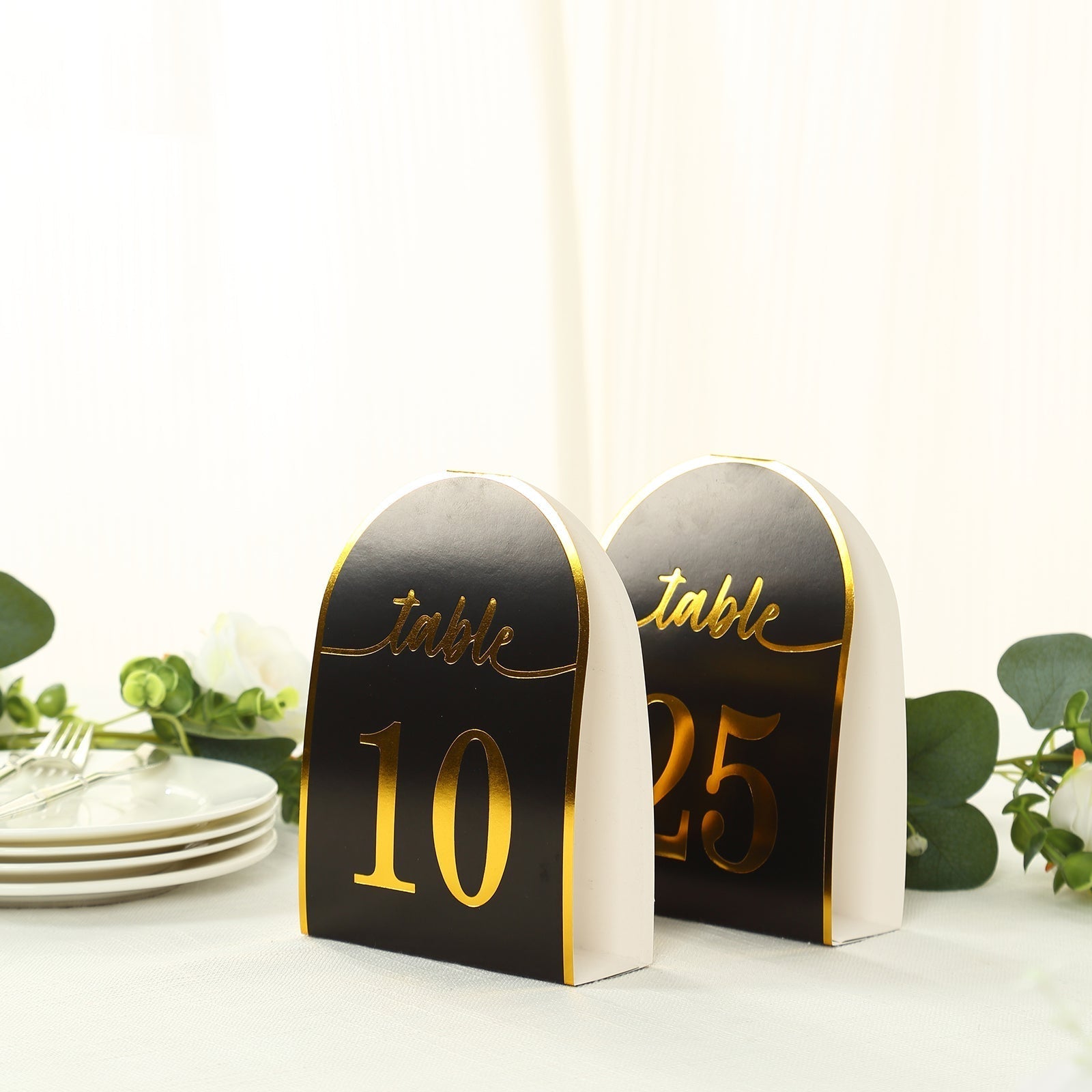 25 - Pack 7" Disposable Table Numbers, Black Free Standing Double Sided Table Number Place Cards with Metallic Gold Foil Numbers 1 - 25 - Bell Racket Store