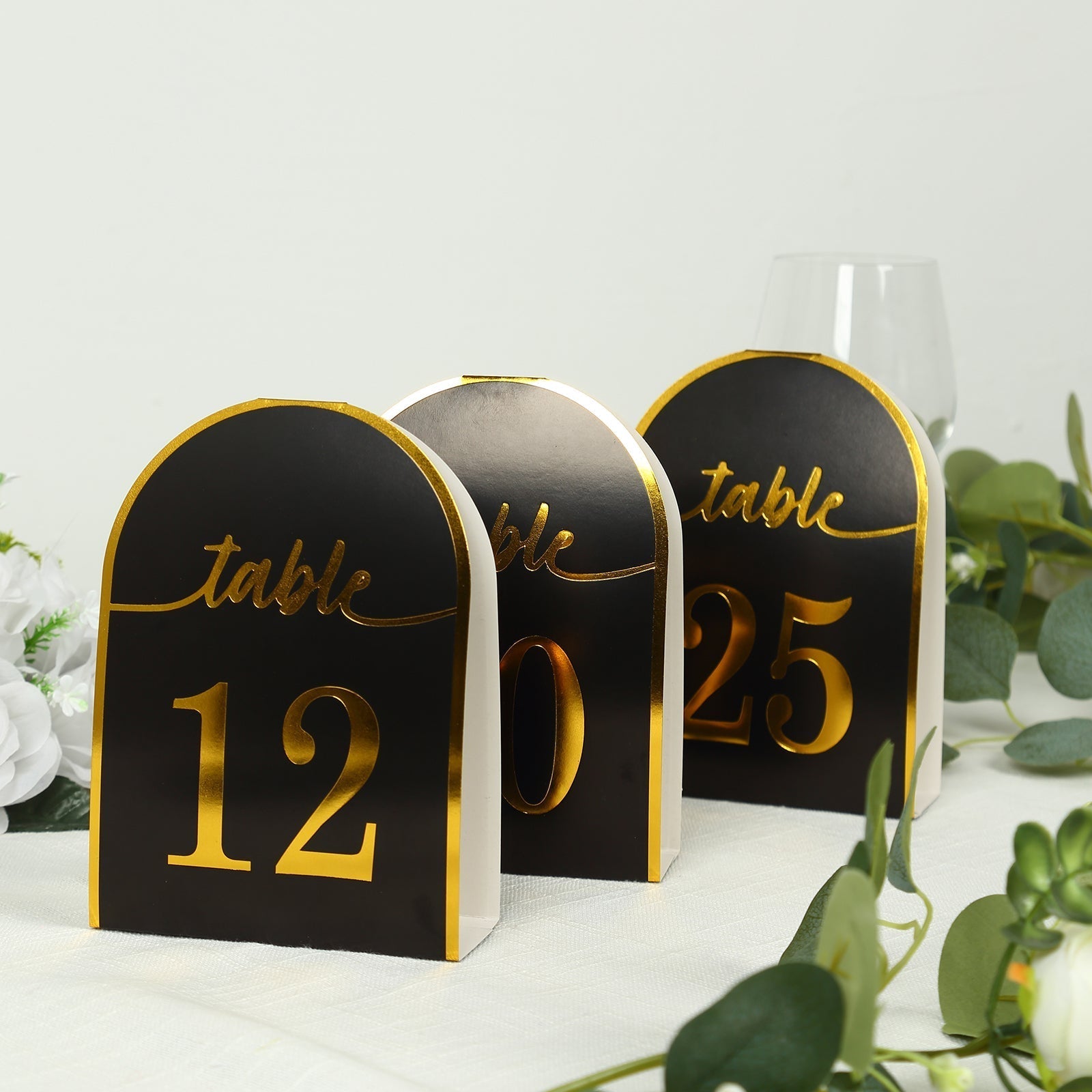 25 - Pack 7" Disposable Table Numbers, Black Free Standing Double Sided Table Number Place Cards with Metallic Gold Foil Numbers 1 - 25 - Bell Racket Store