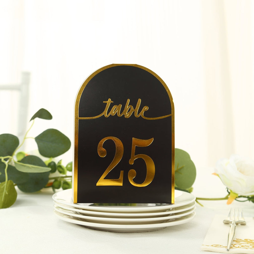 25 - Pack 7" Disposable Table Numbers, Black Free Standing Double Sided Table Number Place Cards with Metallic Gold Foil Numbers 1 - 25 - Bell Racket Store