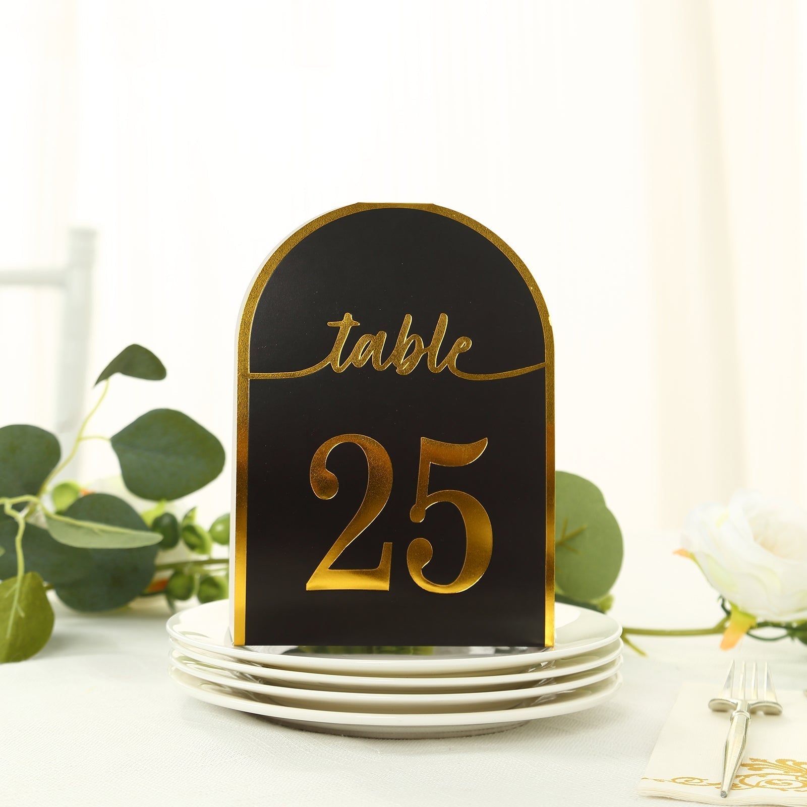 25 - Pack 7" Disposable Table Numbers, Black Free Standing Double Sided Table Number Place Cards with Metallic Gold Foil Numbers 1 - 25 - Bell Racket Store