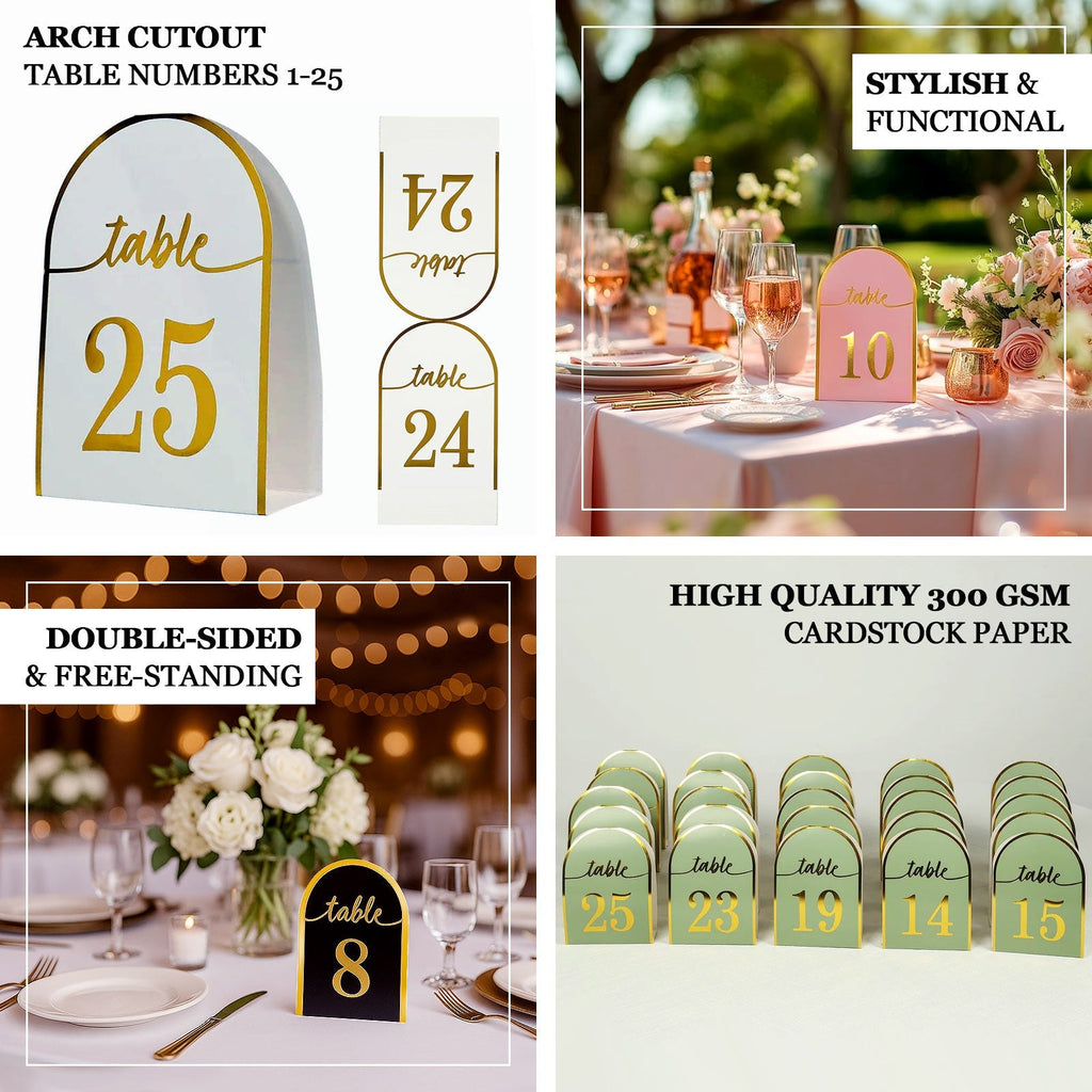25 - Pack 7" Disposable Table Numbers, Blush Free Standing Double Sided Table Number Place Cards with Metallic Gold Foil Numbers 1 - 25 - Bell Racket Store