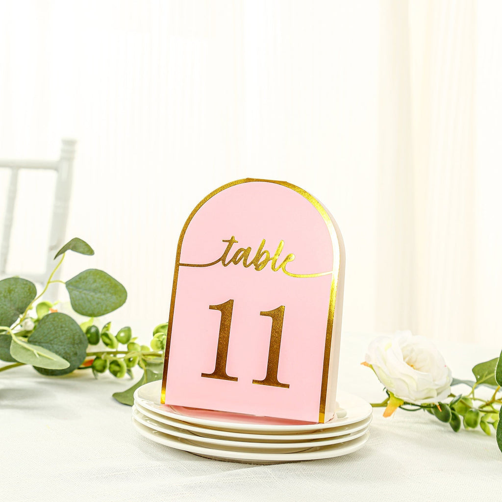 25 - Pack 7" Disposable Table Numbers, Blush Free Standing Double Sided Table Number Place Cards with Metallic Gold Foil Numbers 1 - 25 - Bell Racket Store