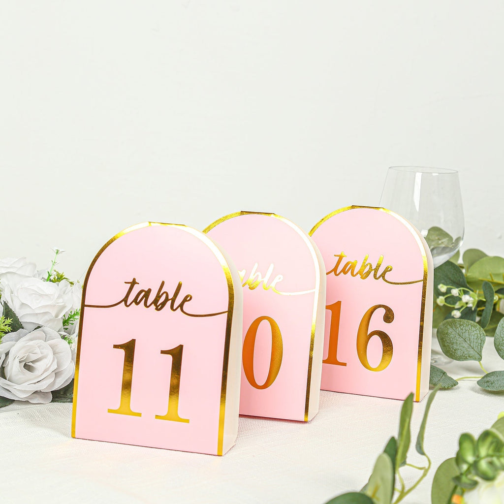 25 - Pack 7" Disposable Table Numbers, Blush Free Standing Double Sided Table Number Place Cards with Metallic Gold Foil Numbers 1 - 25 - Bell Racket Store
