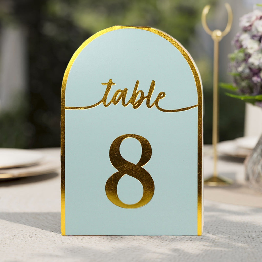 25 - Pack 7" Disposable Table Numbers, Dusty Blue Free Standing Double Sided Table Number Place Cards with Metallic Gold Foil Numbers 1 - 25 - Bell Racket Store