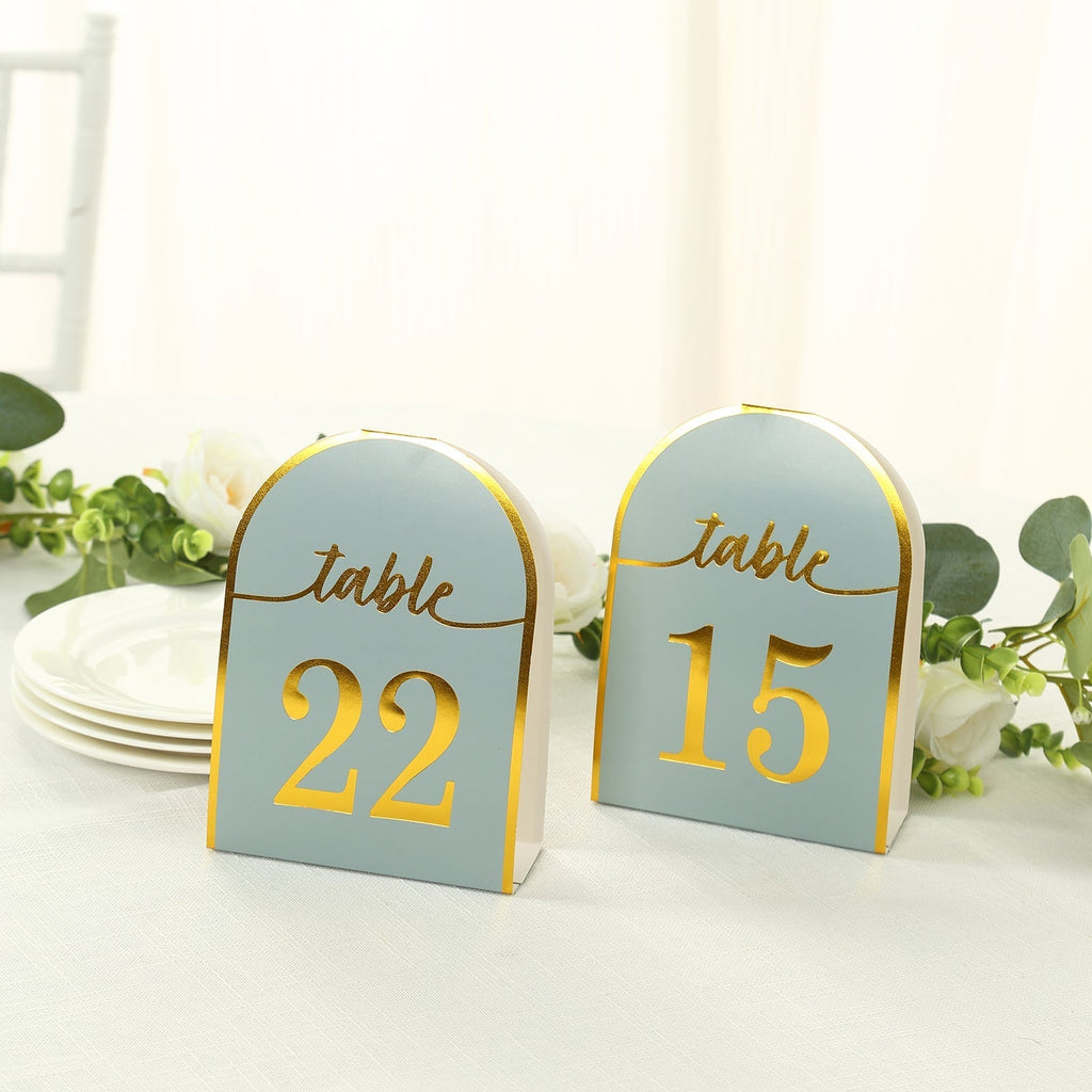 25 - Pack 7" Disposable Table Numbers, Dusty Blue Free Standing Double Sided Table Number Place Cards with Metallic Gold Foil Numbers 1 - 25 - Bell Racket Store