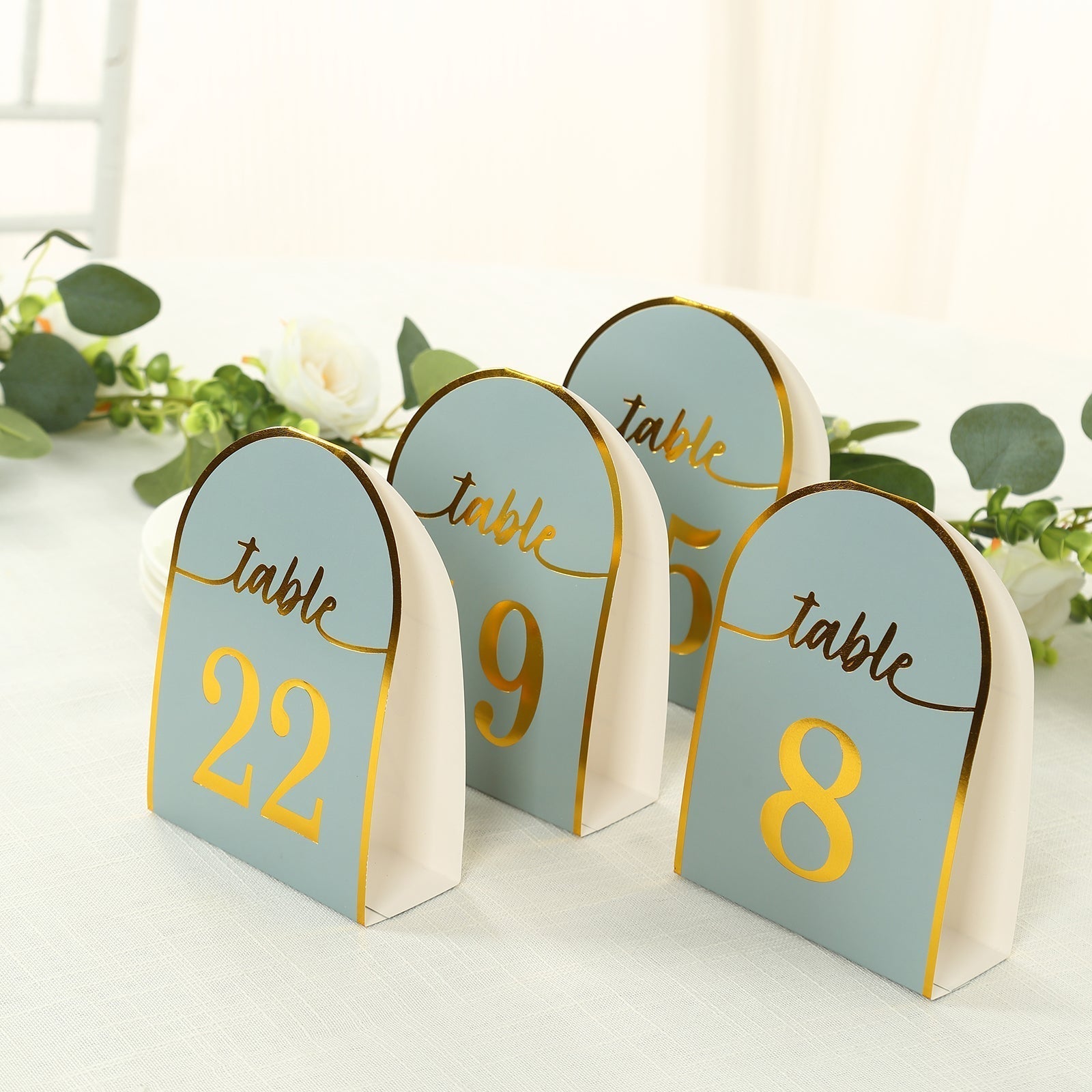 25 - Pack 7" Disposable Table Numbers, Dusty Blue Free Standing Double Sided Table Number Place Cards with Metallic Gold Foil Numbers 1 - 25 - Bell Racket Store