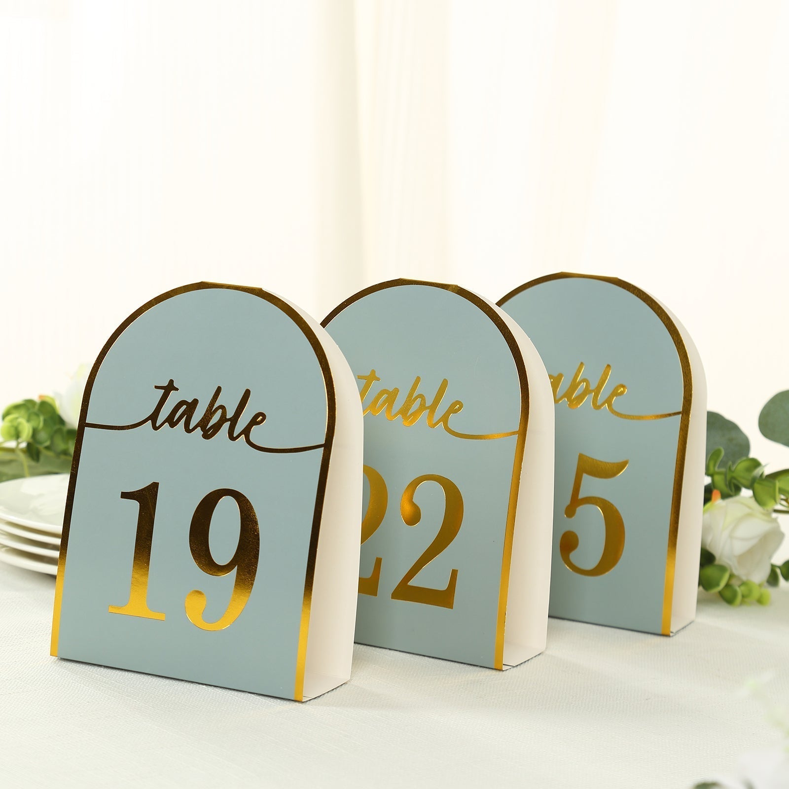 25 - Pack 7" Disposable Table Numbers, Dusty Blue Free Standing Double Sided Table Number Place Cards with Metallic Gold Foil Numbers 1 - 25 - Bell Racket Store