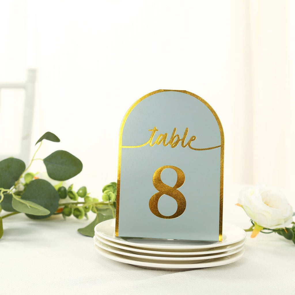 25 - Pack 7" Disposable Table Numbers, Dusty Blue Free Standing Double Sided Table Number Place Cards with Metallic Gold Foil Numbers 1 - 25 - Bell Racket Store