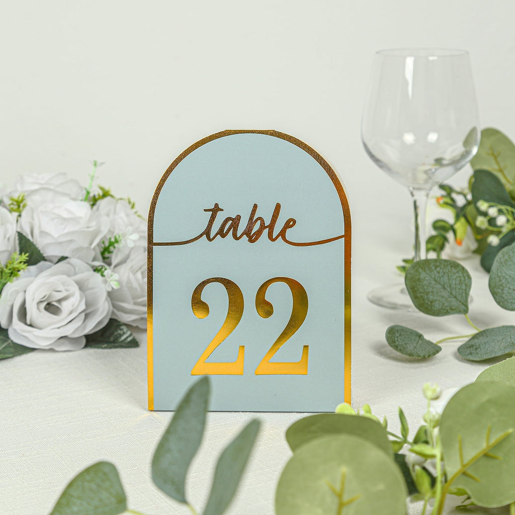 25 - Pack 7" Disposable Table Numbers, Dusty Blue Free Standing Double Sided Table Number Place Cards with Metallic Gold Foil Numbers 1 - 25 - Bell Racket Store